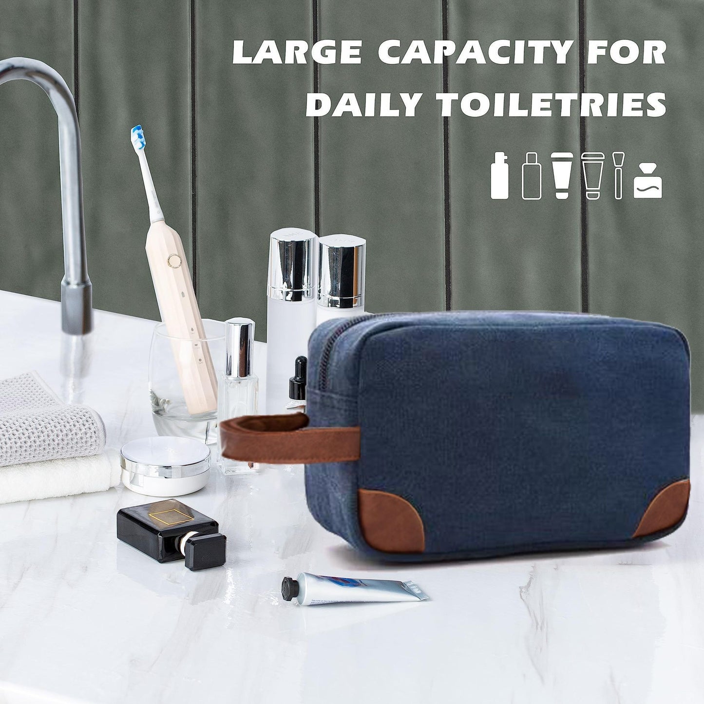 Grey And Brown Men's Canvas Toiletry Bag - Large Capacity Water-Resistant Travel Organizer Dopp Kit with Handle