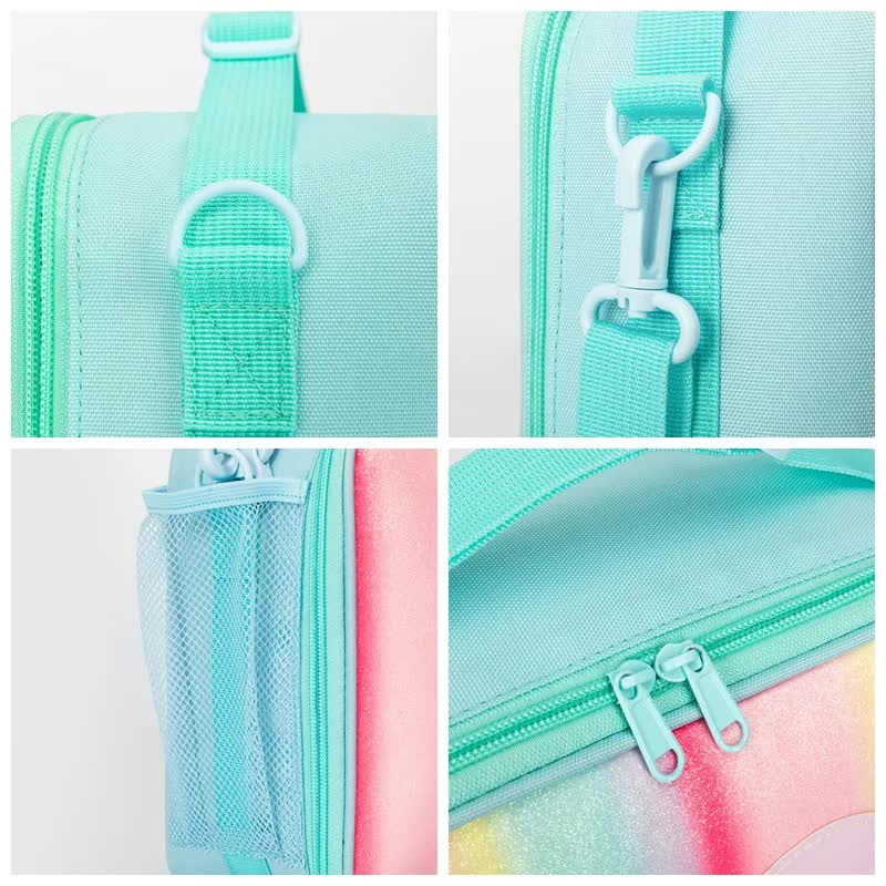 Pink Sparkling Rainbow Heart Insulated Lunch Bag for Kids - Portable School Lunch Box with Shoulder Strap