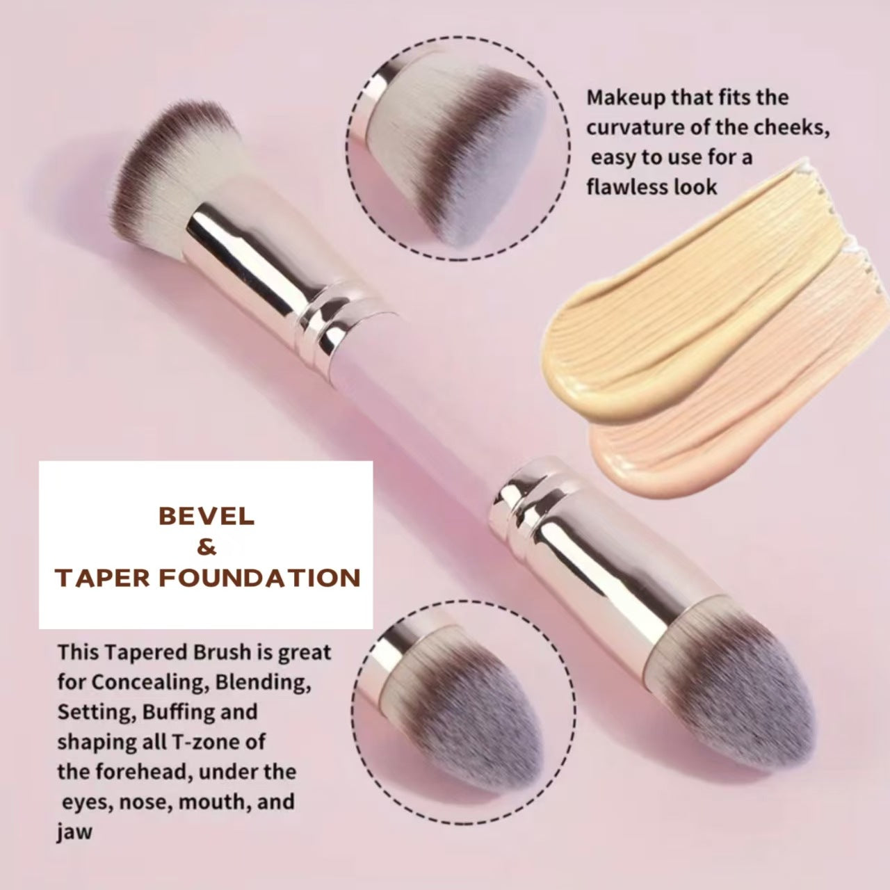 Pink and Glod Versatile 4pc Dual-Ended Makeup Brush Set - Soft Synthetic Bristles for Foundation Blush Contour Concealer