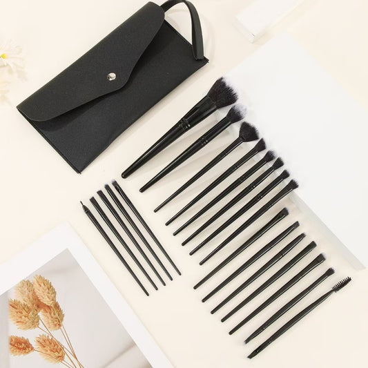 Black Complete 20-Piece Makeup Brush Set with Travel Pouch - Professional Synthetic Face & Eye Brushes Kit
