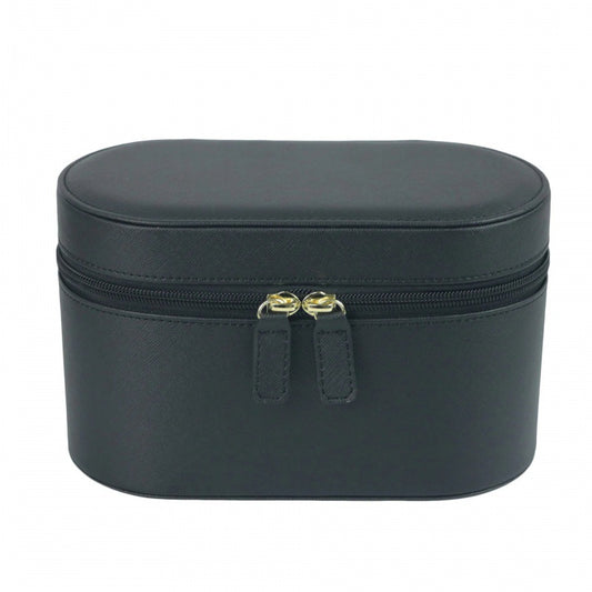 Black Elegant PU Leather Makeup & Toiletry Bag - Large Capacity Travel Cosmetic Organizer with Brush Holder