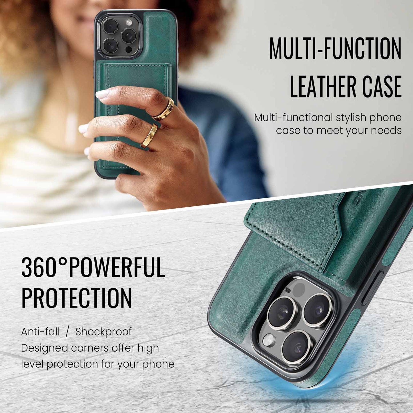 Green Premium MagSafe Wallet Case for iPhone 16 Pro - Detachable PU Leather Magnetic Card Holder
