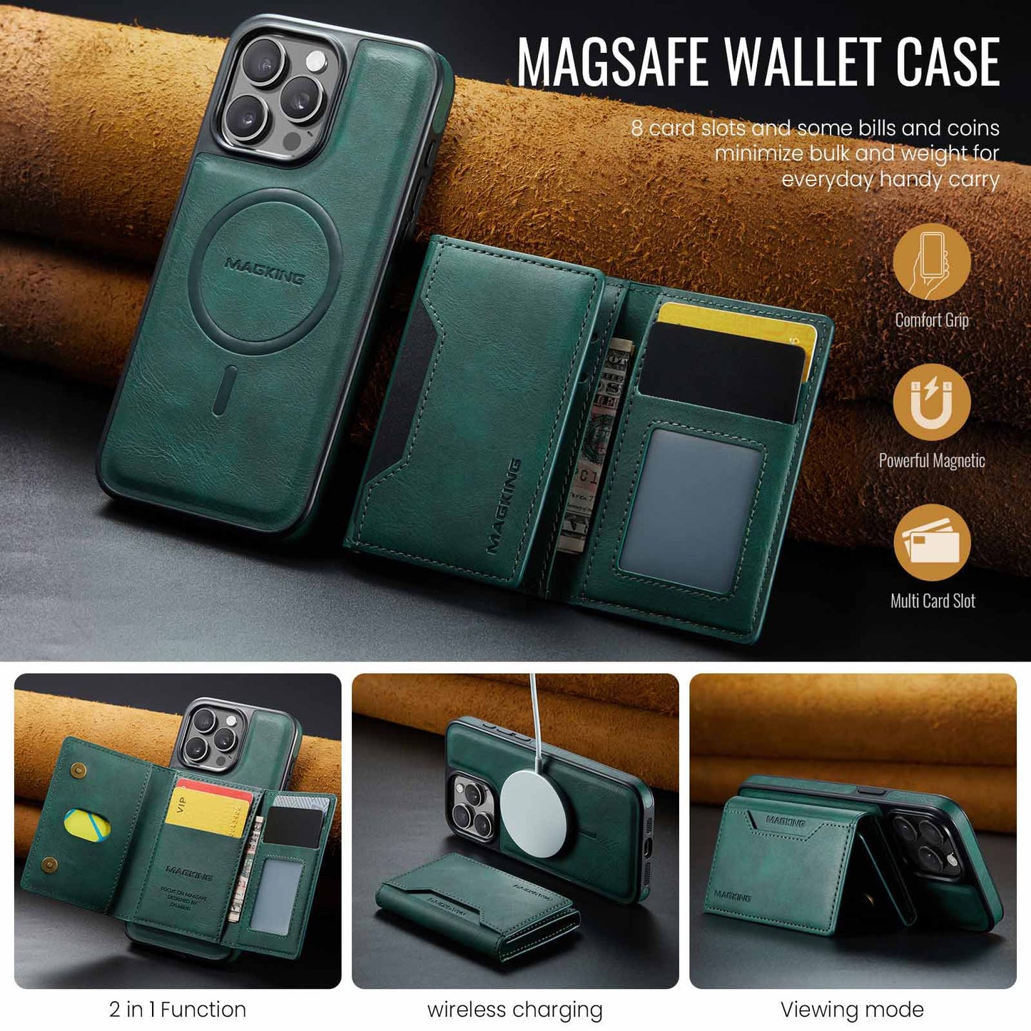 Brown Premium MagSafe Wallet Case for iPhone 16 Pro - Detachable PU Leather Magnetic Card Holder