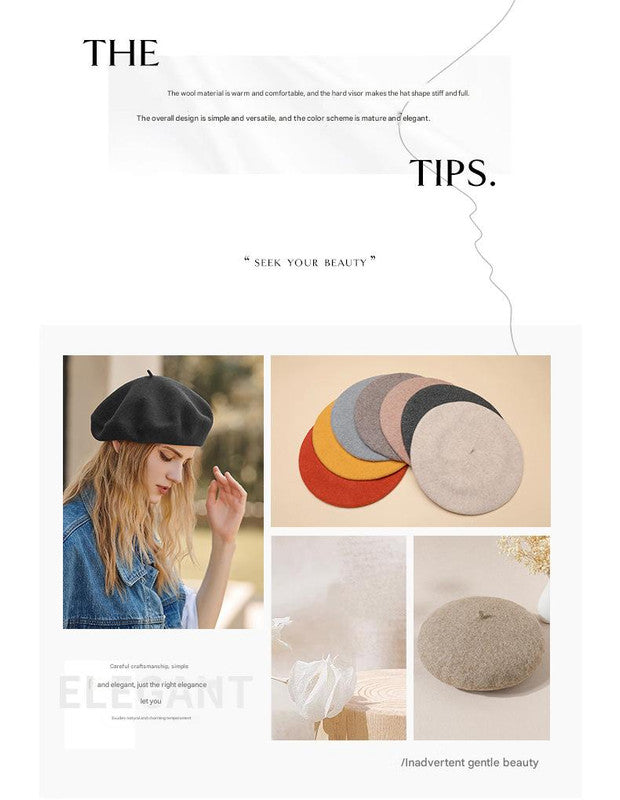 White Elegant Wool Beret - Classic Warm Thick British Style Hat for Autumn & Winter