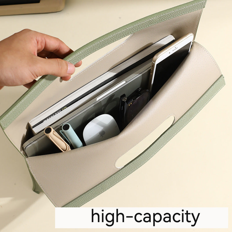 Grey Professional A4 PU Leather Document Bag - Waterproof Handheld File Folder Portfolio for Business & Conference