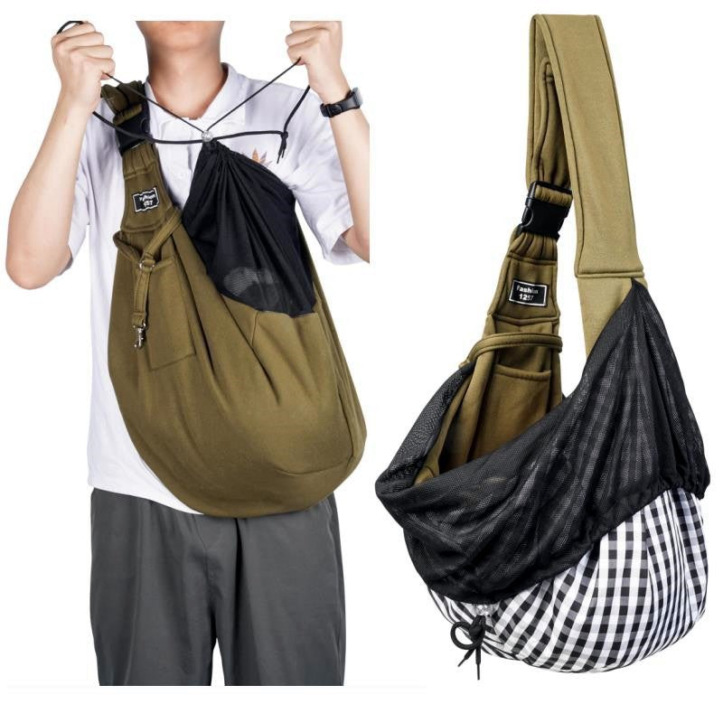 Grey Breathable Pet Sling Carrier for Small Dogs & Cats - Adjustable Hands-Free Travel Pouch with Safety Leash & Pocket