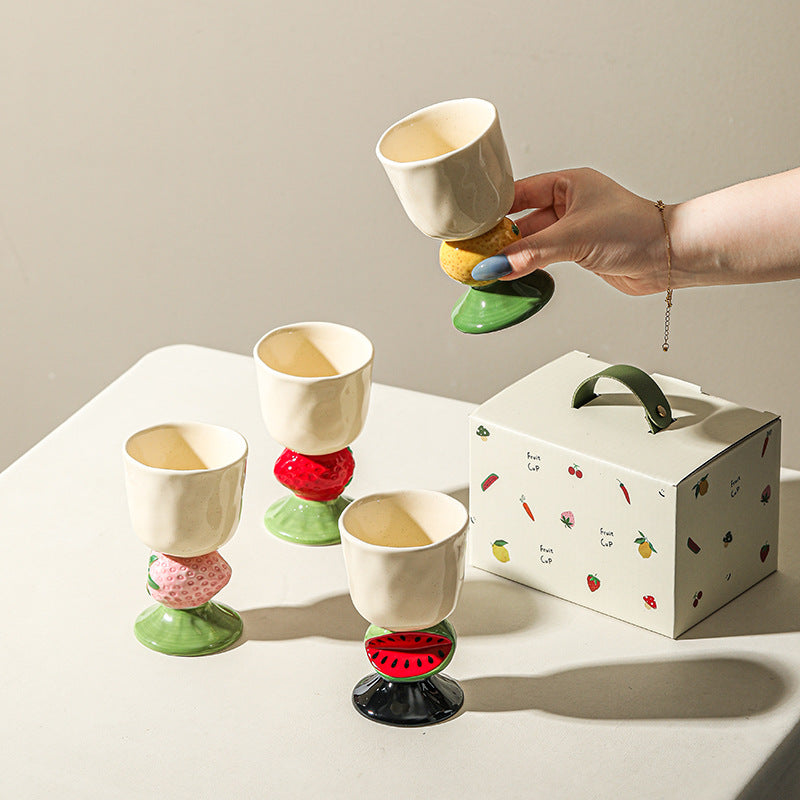 Red Whimsical Strawberry Stem Ceramic Goblet - 150ml Hand-Painted Strawberry Design, Unique Coffee & Drinkware Gift with Box