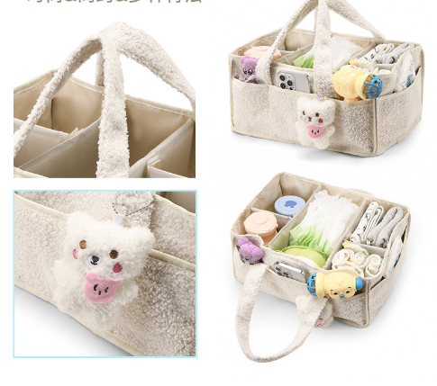 Black Large Plush Nappy Caddy Organizer - Portable Diaper Storage Bin & Nursery Tote Bag