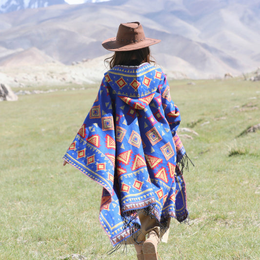 Diamond Blue Soft Faux Cashmere Poncho Cape - Oversized Winter Shawl Wrap (130x150cm)