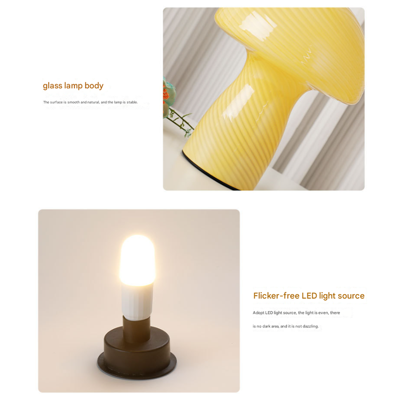 Speckled White Retro Swirl Glass Mushroom Table Lamp - LED Bedside Night Light