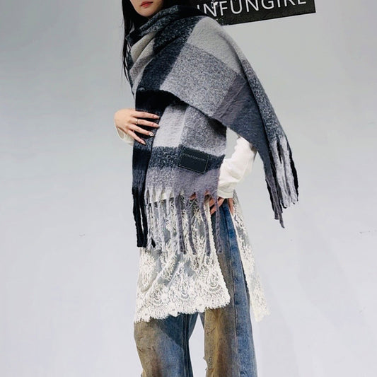 Black-grey Classic Plaid Faux Cashmere Winter Scarf - Warm and Stylish 50 x 180 cm Design