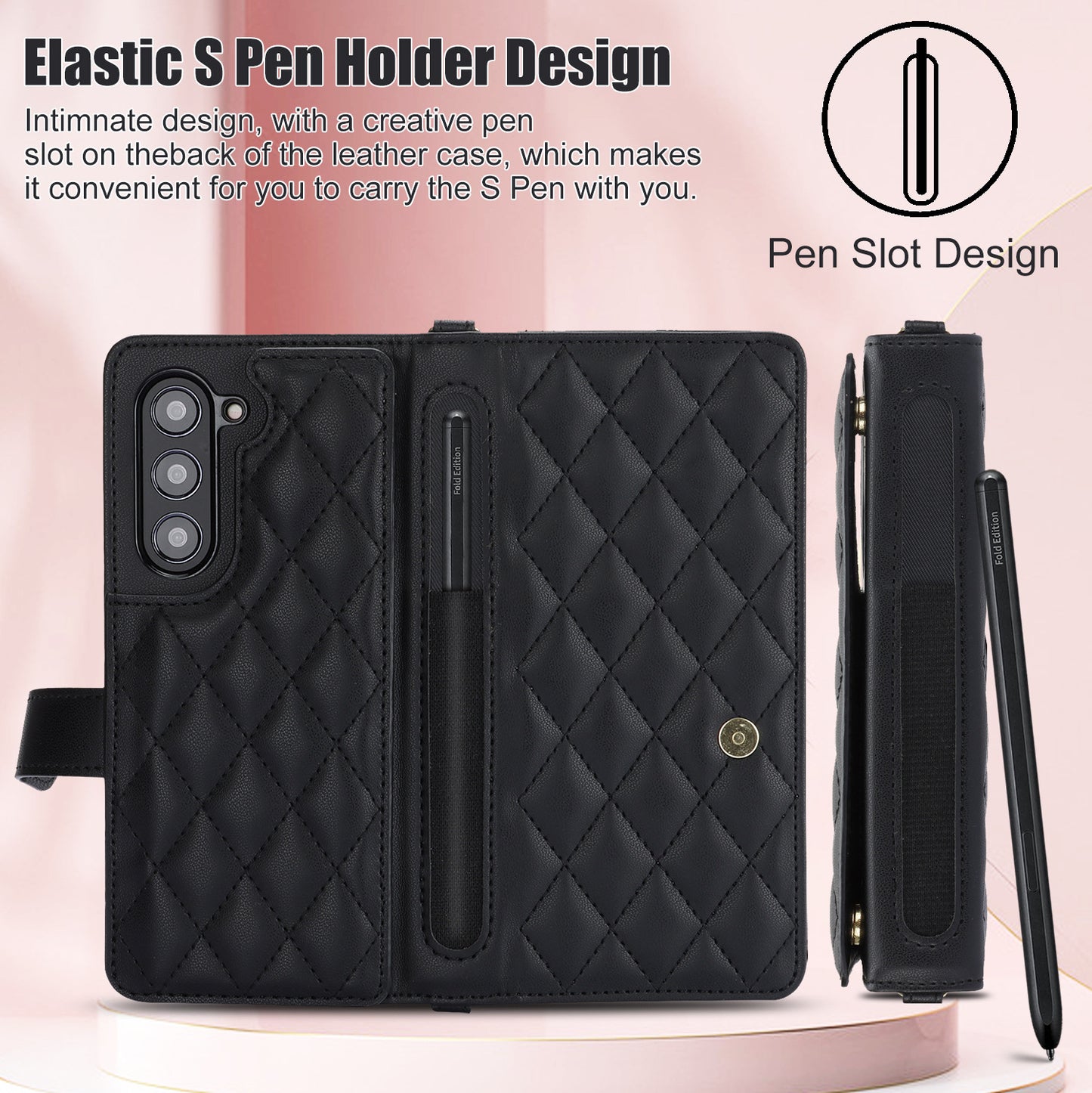 Brown Galaxy Z Fold5 Multi-Functional Leather Wallet Case for Samsung Z Fold Series - Crossbody with Pen Slot, Quilted Design Pen Not Included