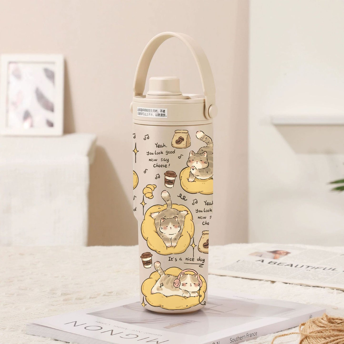 Light Cream Coffee-Lazy Kitten 30oz Ceramic-Lined Insulated Tumbler with Handle, 735ml Stainless Steel Travel Mug