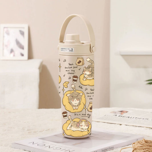Light Cream Coffee-Lazy Kitten 30oz Ceramic-Lined Insulated Tumbler with Handle, 735ml Stainless Steel Travel Mug