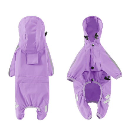 M Purple And Gray Trim Waterproof Four-Legged Dog Raincoat with Leash Hole for Small Breeds