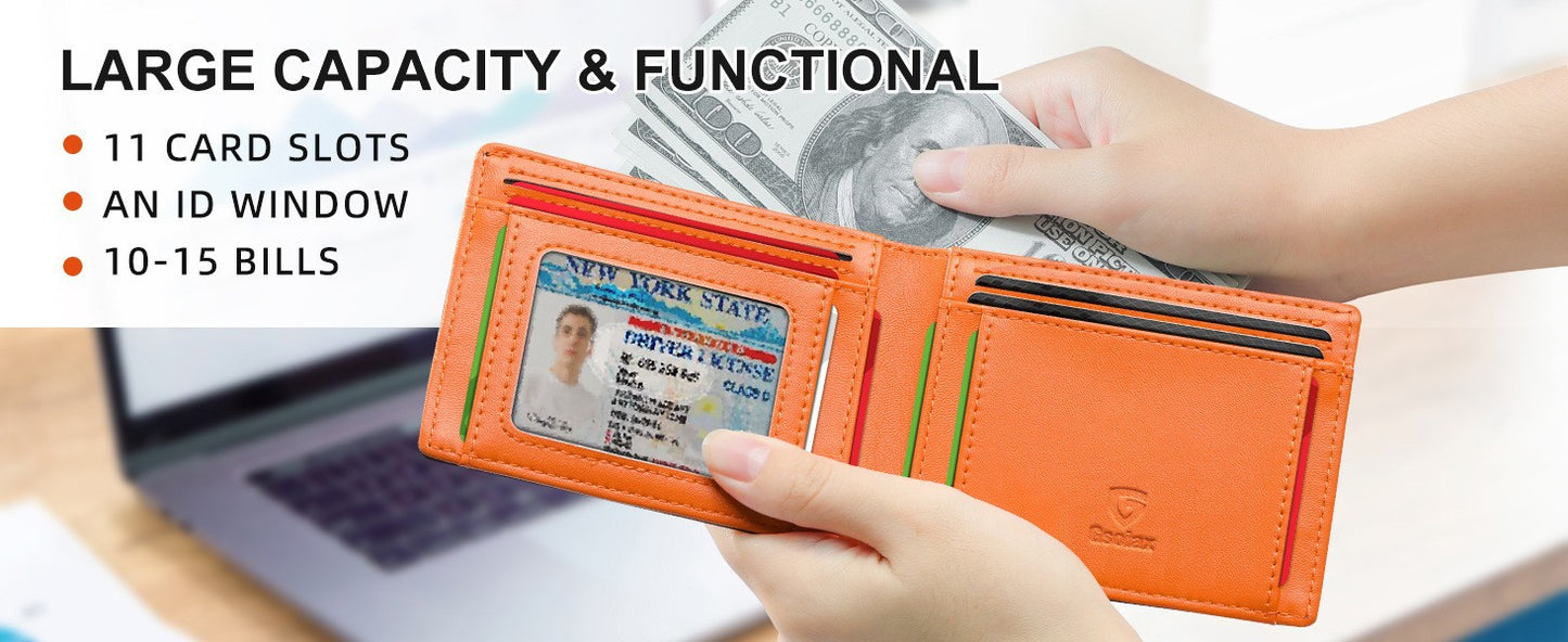 Men's Slim Leather Bifold Wallet - RFID Blocking, 11 Card Slots, ID Window(Carbon Orange Twill)