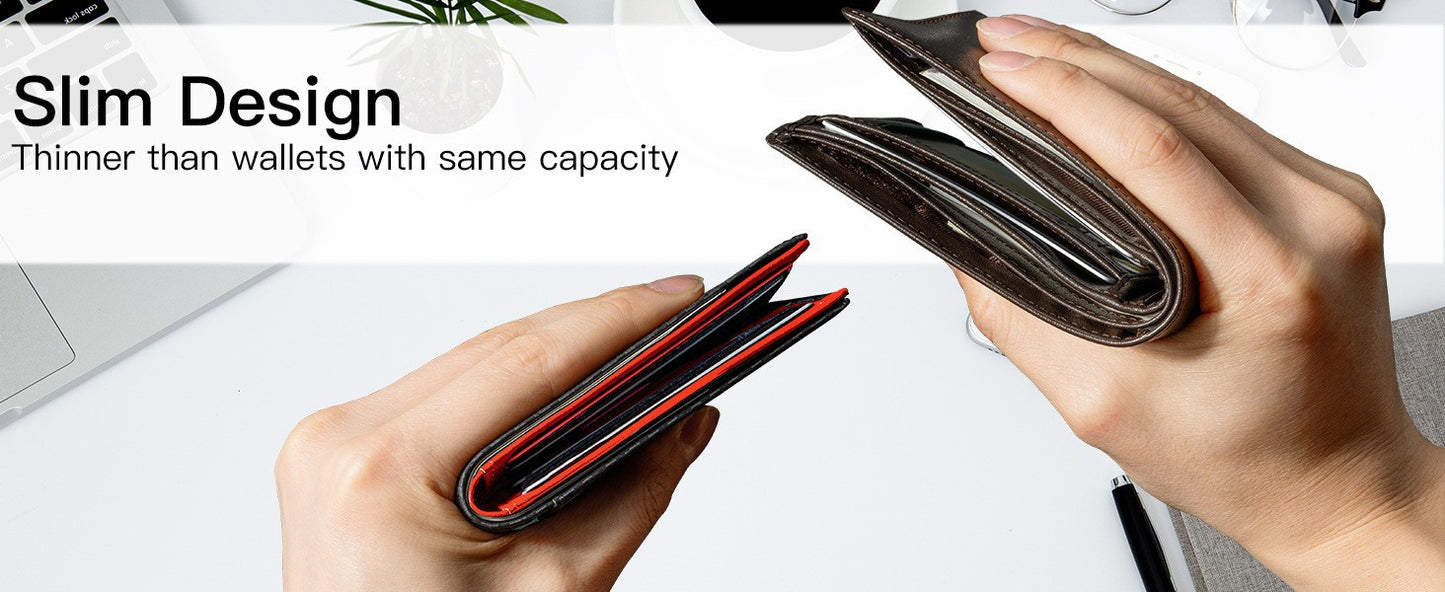 Men's Slim Leather Bifold Wallet - RFID Blocking, 11 Card Slots, ID Window(Carbon Yellow)