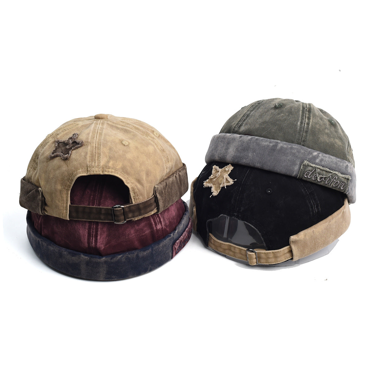 Vintage Washed Cotton Docker Cap - Unisex Brimless Beanie Hat with Star Patch(Khaki)
