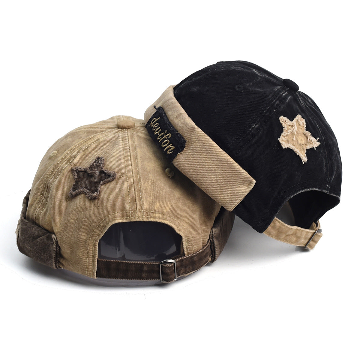 Vintage Washed Cotton Docker Cap - Unisex Brimless Beanie Hat with Star Patch(Coffee)