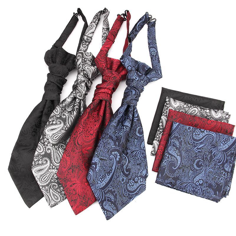 Men's Formal Paisley Ascot Cravat & Pocket Square Set - Adjustable Necktie for Weddings(Deep Blue  pattern)