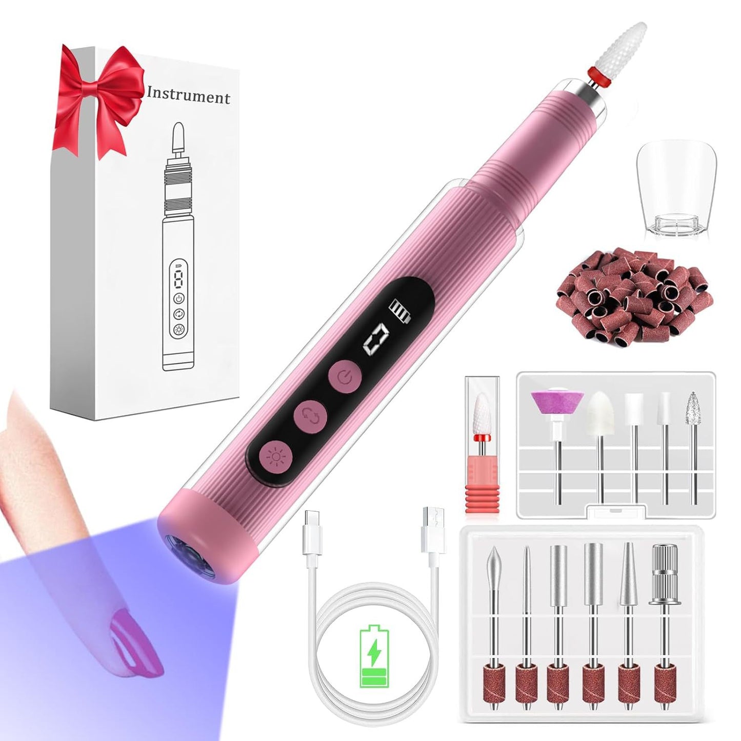 Portable Cordless Electric Nail Drill Kit with UV Lamp - 0-20000RPM, LED Display, 12 Bits(White)