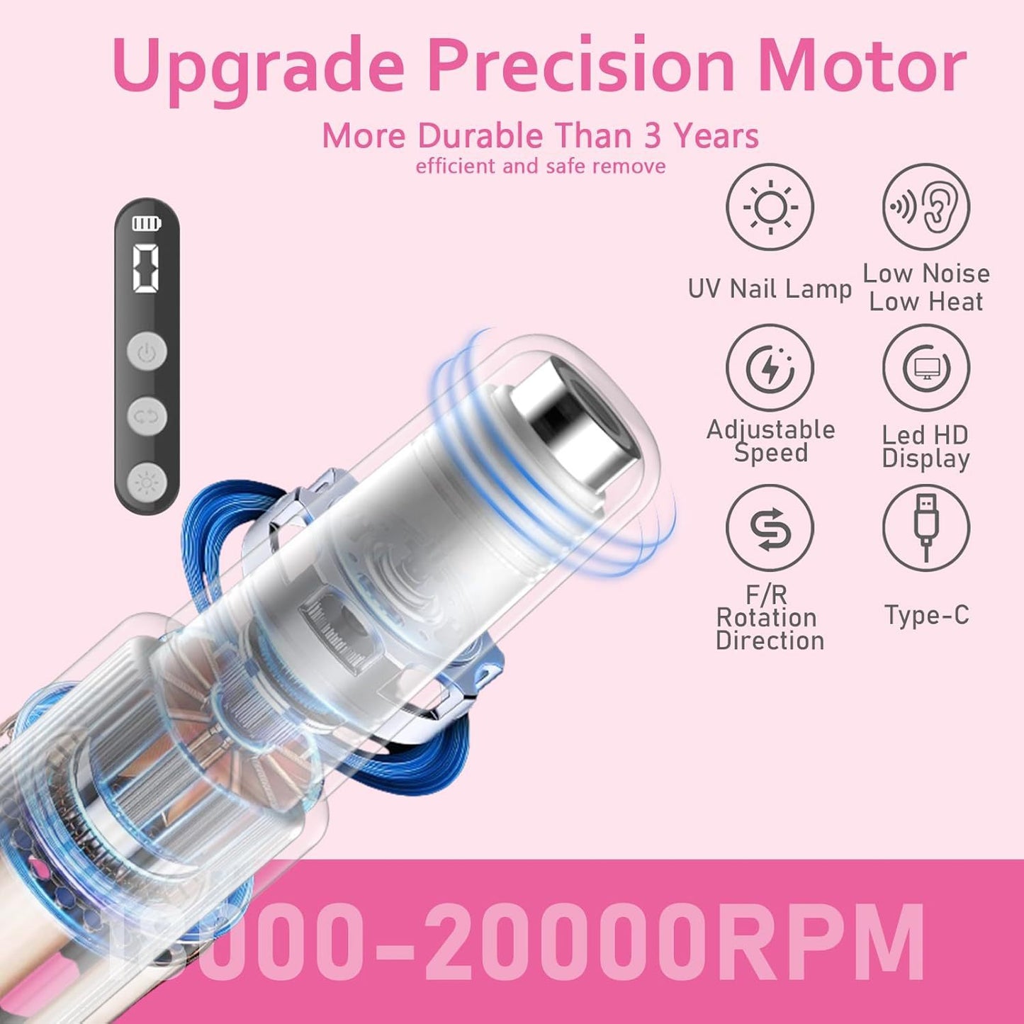 Portable Cordless Electric Nail Drill Kit with UV Lamp - 0-20000RPM, LED Display, 12 Bits(Purple)