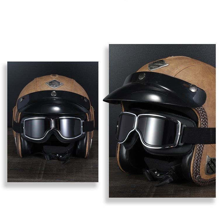 Retro Motorcycle Goggles - Windproof, UV400 Protection, Anti-Impact PC Lenses with Leather Frame(Black leather silver lens)