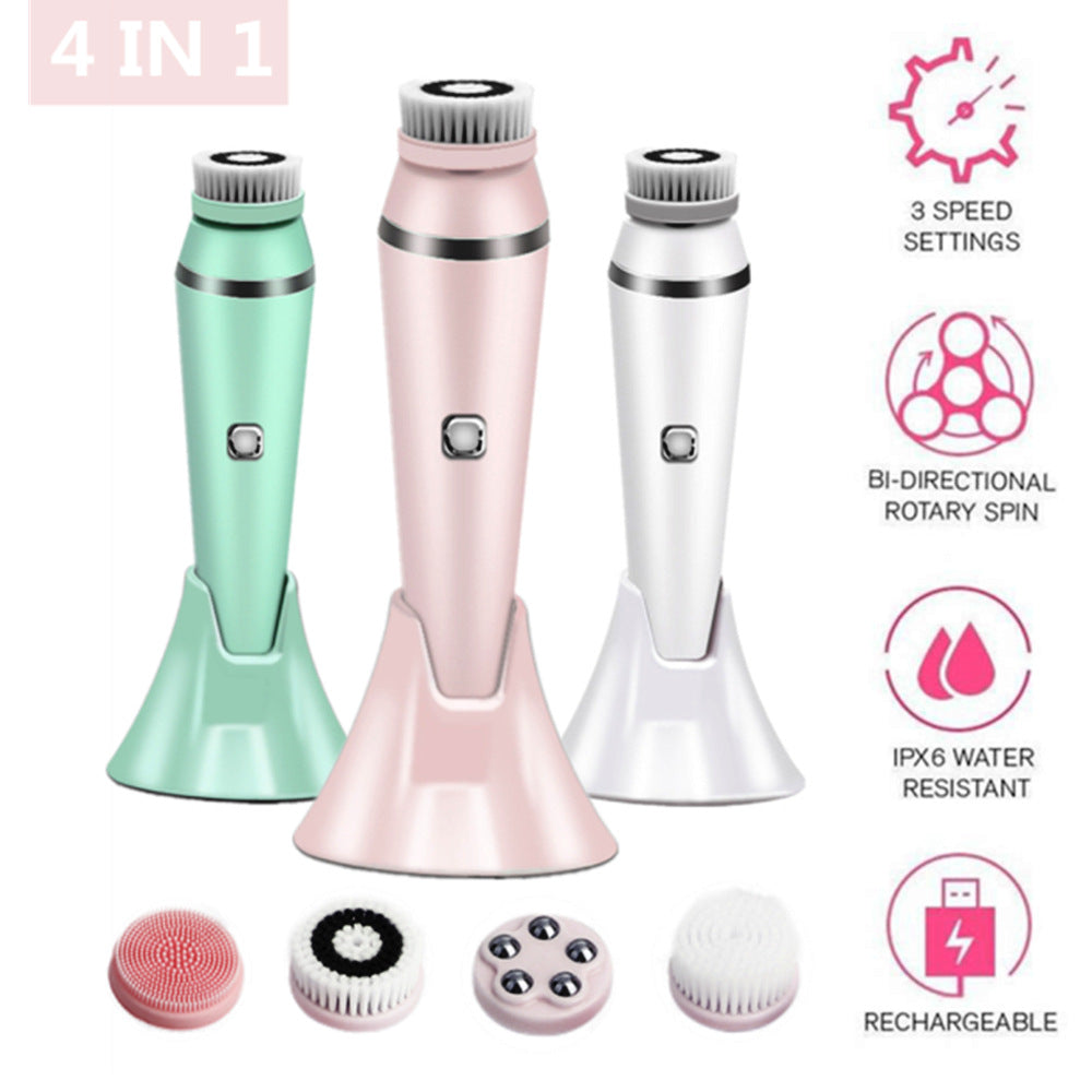 4-in-1 Electric Facial Cleansing Brush & Massager - IPX6 Waterproof, 3 Speeds, Bi-Directional Spin, USB Rechargeable(Light green)