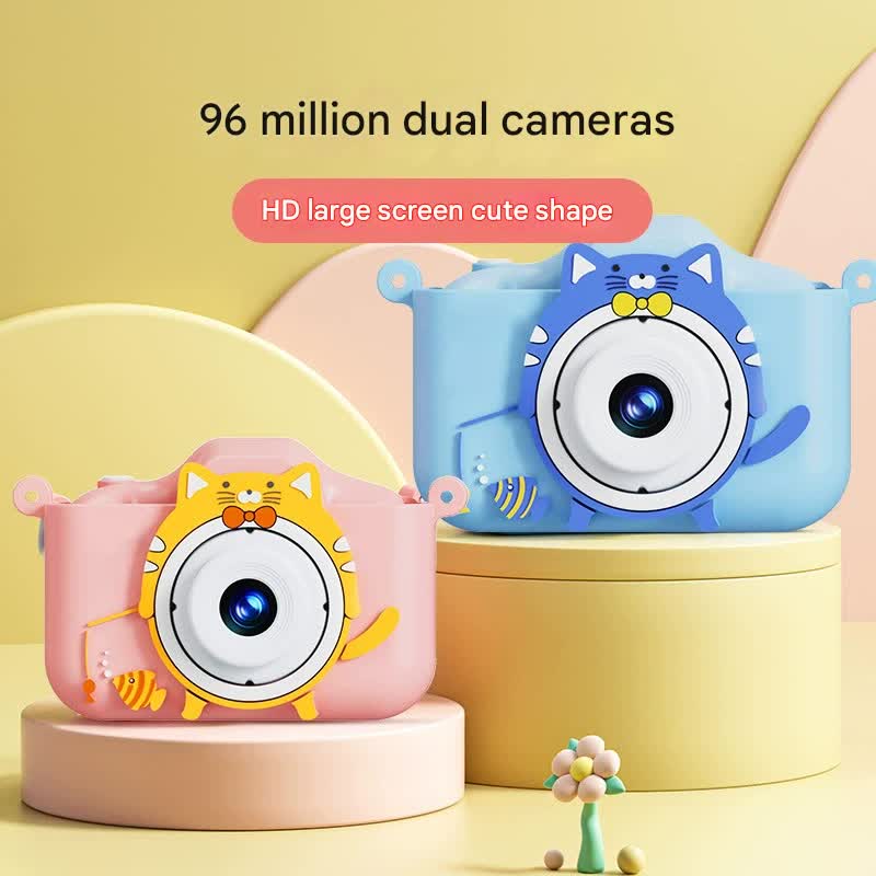 Digital Camera with Cute Cat Silicone Case - Dual Lens, 96MP, HD Screen & Music Playback(pink)