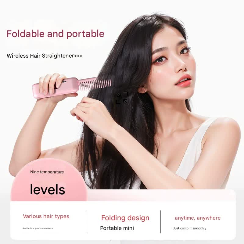 Foldable Wireless Hair Straightener Comb - 9 Temperature Settings, Anti-Scald, USB-C Rechargeable(pink)