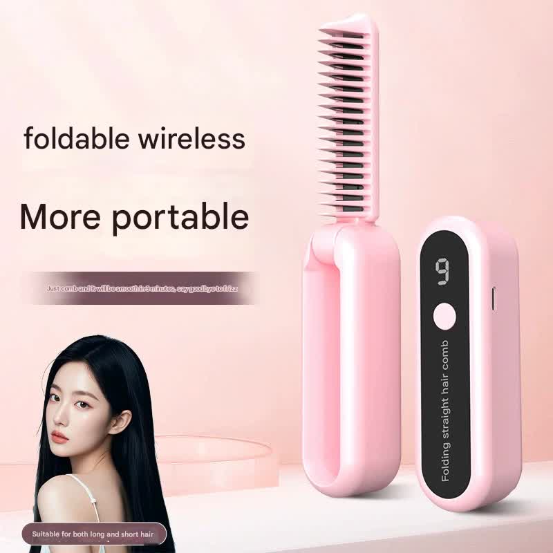 Foldable Wireless Hair Straightener Comb - 9 Temperature Settings, Anti-Scald, USB-C Rechargeable(yellow)