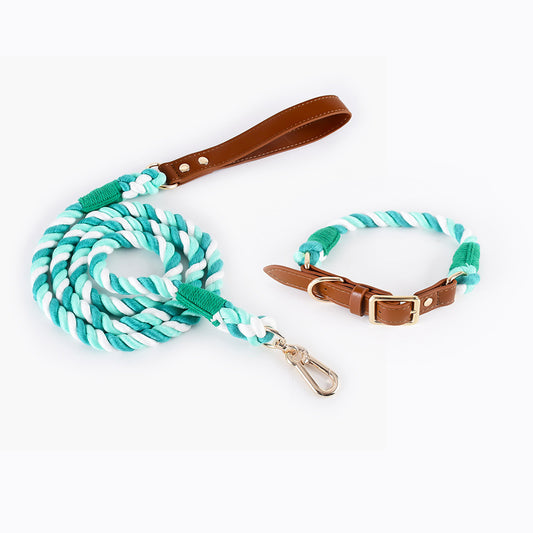 Premium Leather Pet Collar and Leash - Soft, Strong Braided Rope (Double green - Size S)