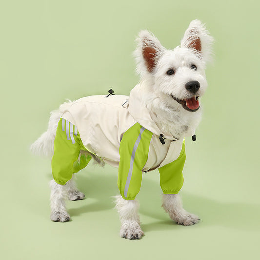 Colorblock (White Green) Dog Raincoat - Waterproof with Hood and Reflective Strips (Size L)