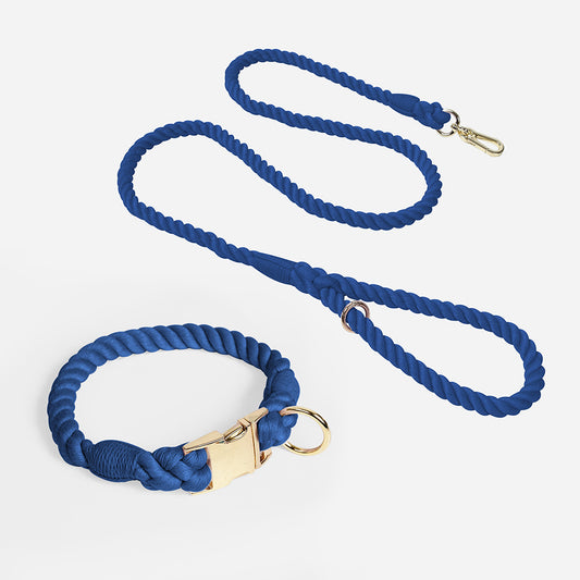Handmade Rope Dog Collar and Leash Set - Colorful Woven Cotton (Navy blue - Size XL)