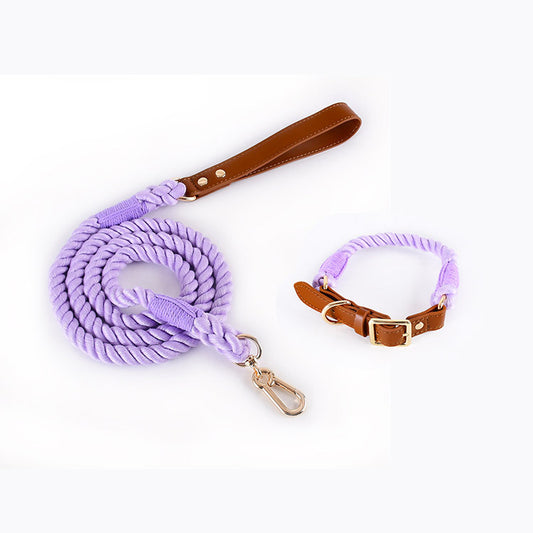 Premium Leather Pet Collar and Leash - Soft, Strong Braided Rope (Purple - Size M)