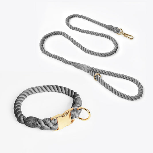 Handmade Rope Dog Collar and Leash Set - Colorful Woven Cotton Cotton (Dark Gray - Size XL)
