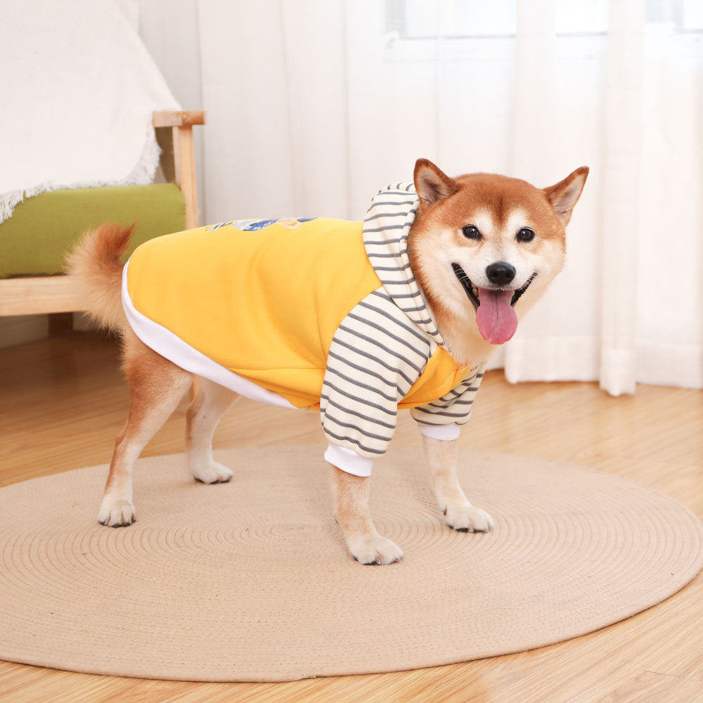 Autumn/Winter Dog Clothes - Yellow Hoodie with Striped Hood & Baseball Bear (Size - 2XL)