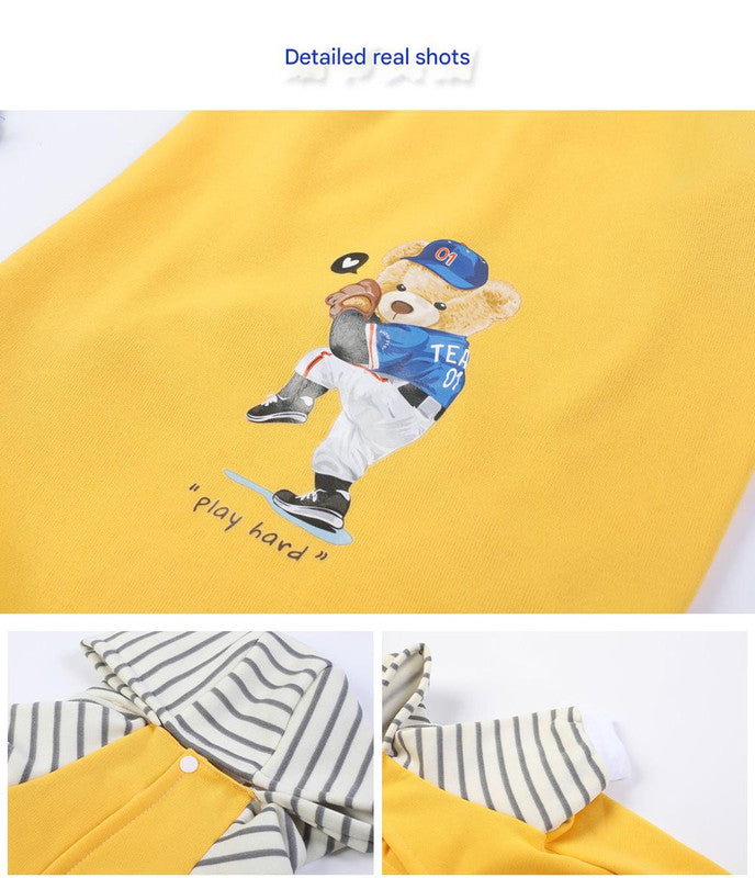 Autumn/Winter Dog Clothes - Yellow Hoodie with Striped Hood & Baseball Bear (Size - 2XL)