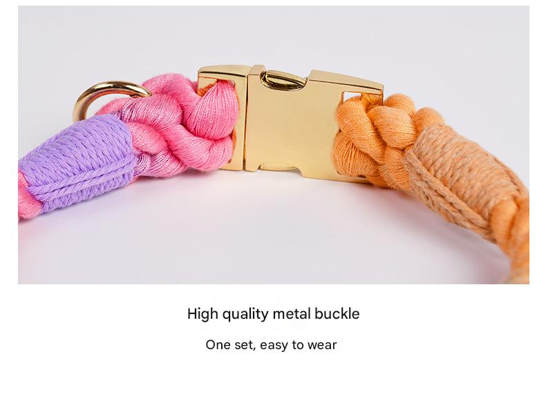 Handmade Rope Dog Collar and Leash Set - Colorful Woven Cotton Cotton (Leather pink - Size M)