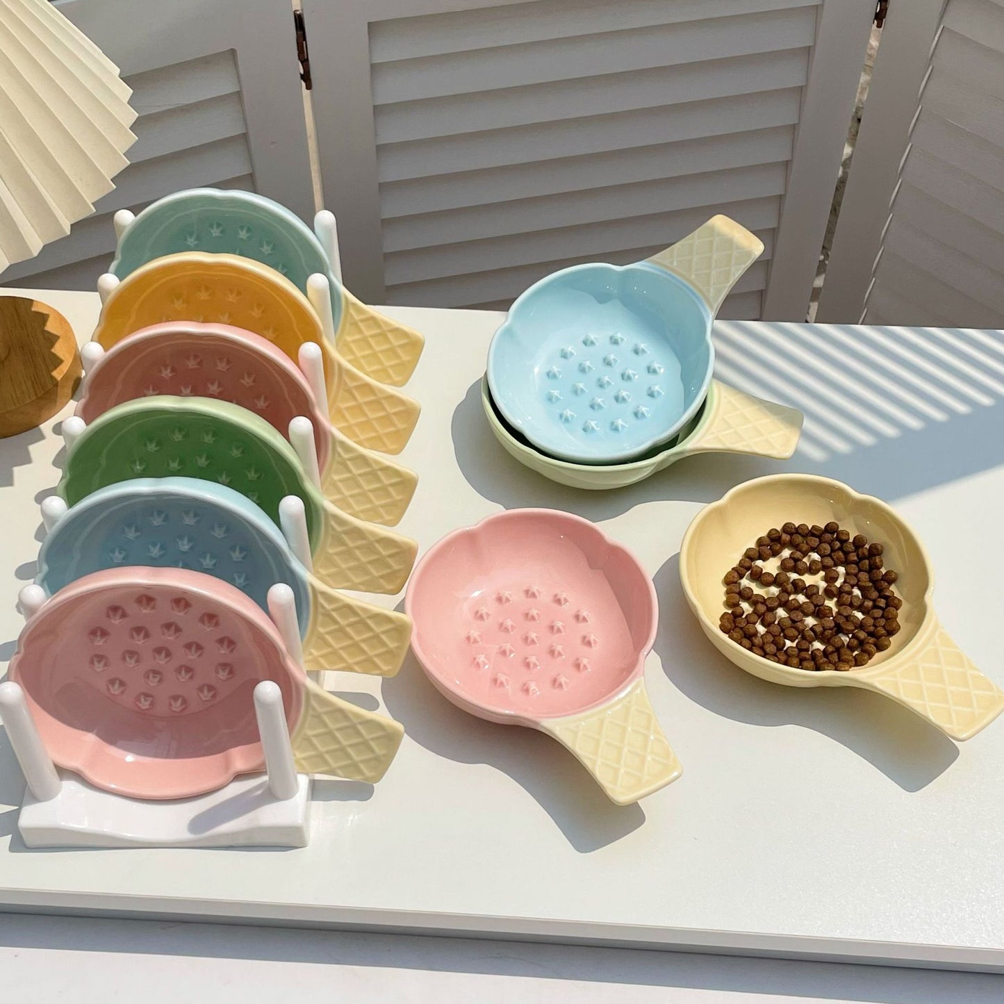 2 Pcs Pink and Yellow Adorable Ice Cream Cone Ceramic Slow Feeder Pet Bowl - Fun Anti-Gulp Design for Cats & Dogs
