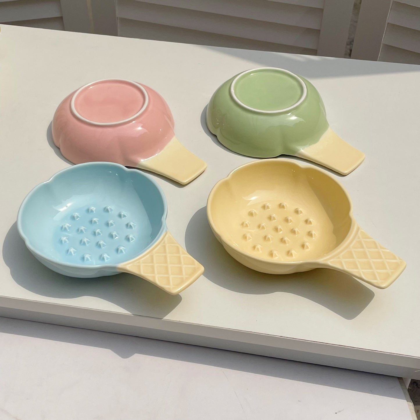 2 Pcs Blue and Yellow Adorable Ice Cream Cone Ceramic Slow Feeder Pet Bowl - Fun Anti-Gulp Design for Cats & Dogs