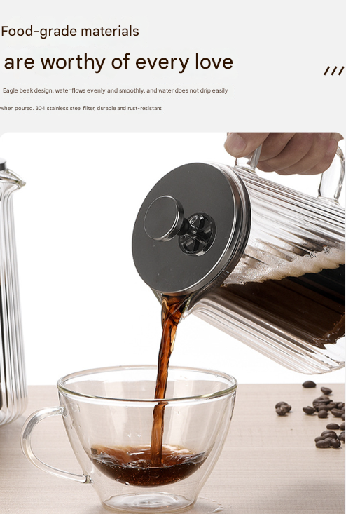 Transparent Elegant Ribbed Double Wall Glass French Press - 1000ml Heat Resistant Coffee and Tea Maker with Stainless Steel Filter