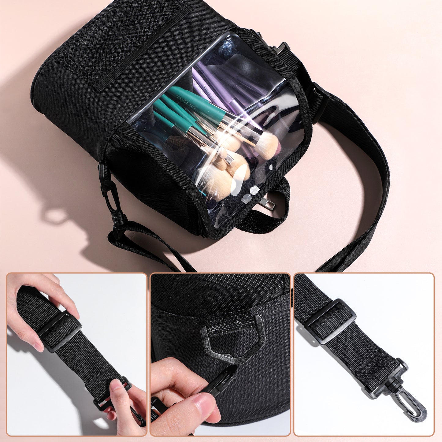 Black Professional Makeup Bag Organizer - Large Capacity Travel Cosmetic Case with Brush Holder, Adjustable Dividers & Shoulder Strap