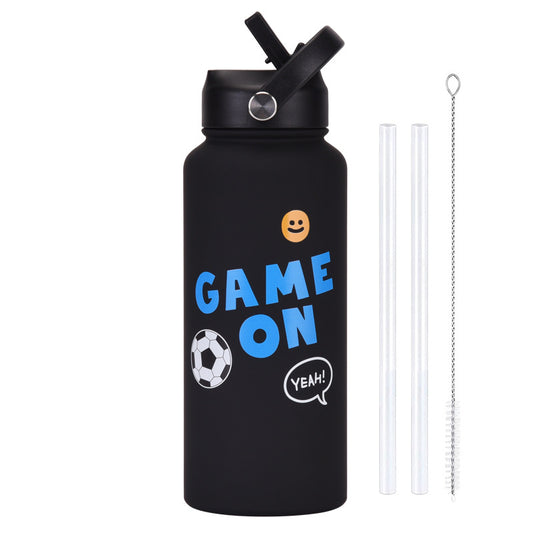 Style 9B Black Vibrant Fun Print 1L Stainless Steel Insulated Water Bottle - 32oz Large Capacity with Straw Lid & Carry Handle - BPA-Free