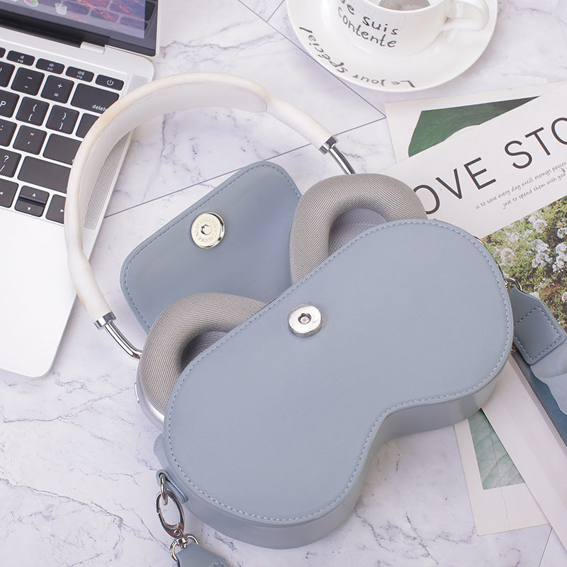 Black Chic PU Leather Crossbody Storage Bag for Apple AirPods Max - Protective Case with Ruched Fabric Strap & Top Handle