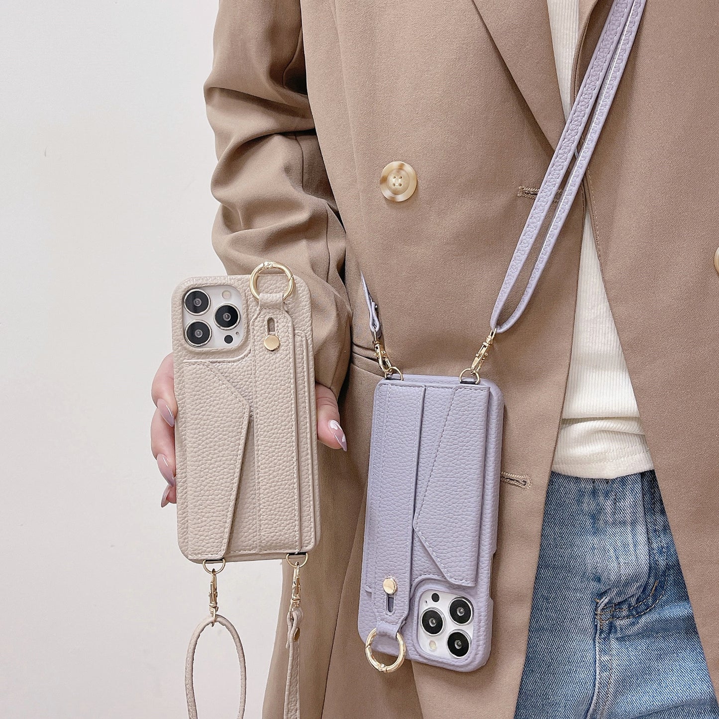 Beige Chic PU Leather Crossbody Wallet Case for iPhone 16 Pro - Card Holder with Detachable Strap & Finger Ring Grip
