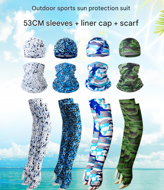 2 Sets Red And Grey Camouflage Cooling UV Protection Set - 2 Skull Cap, 2 Neck Gaiter & 4 Arm Sleeves for Outdoor Sports