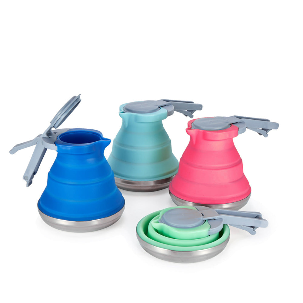 Rose Red 1.5L Collapsible Silicone Camping Kettle - Portable Foldable Travel Water Boiler, Stainless Steel Base