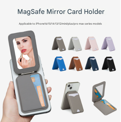 Pink Chic MagSafe Wallet with Mirror & Stand - PU Leather Card Holder for iPhone 12-16 Series