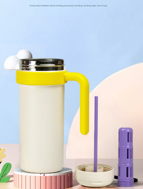 Pink and Black 700ml Insulated Stainless Steel Tumbler with Handle, Dual-Sip Lid, Straw & Tea Infuser